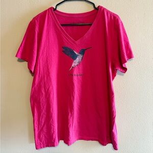 Life is Good Pink Hummingbird V-Neck T-Shirt Tee XL